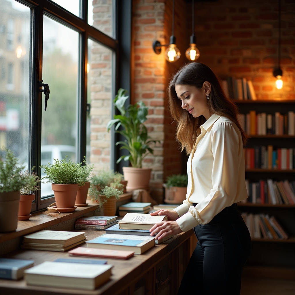 Atmosphärische Buchhandlung von innen mit warmer Beleuchtung
