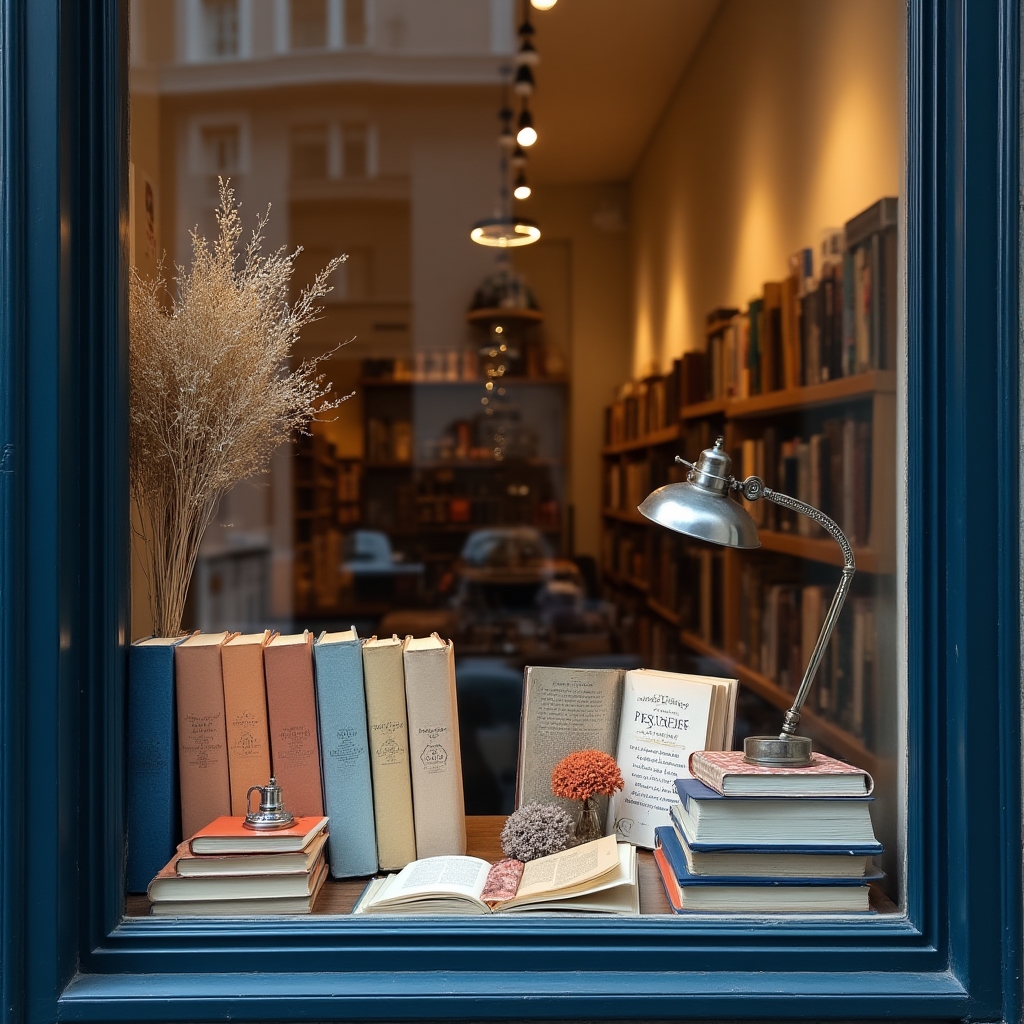 Kreativ gestaltetes Buchhandlungsschaufenster mit thematischer Dekoration