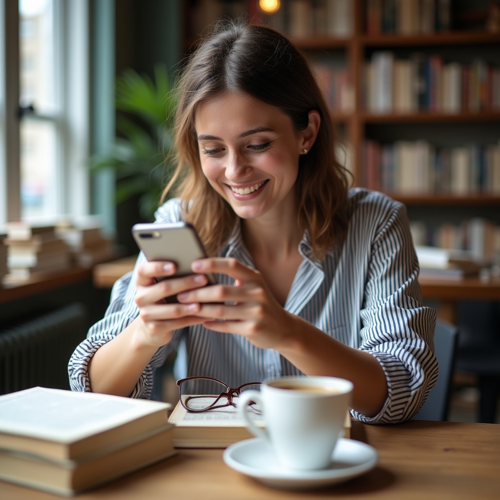 Buchhandlungsmitarbeiterin fotografiert für Social Media Inhalte